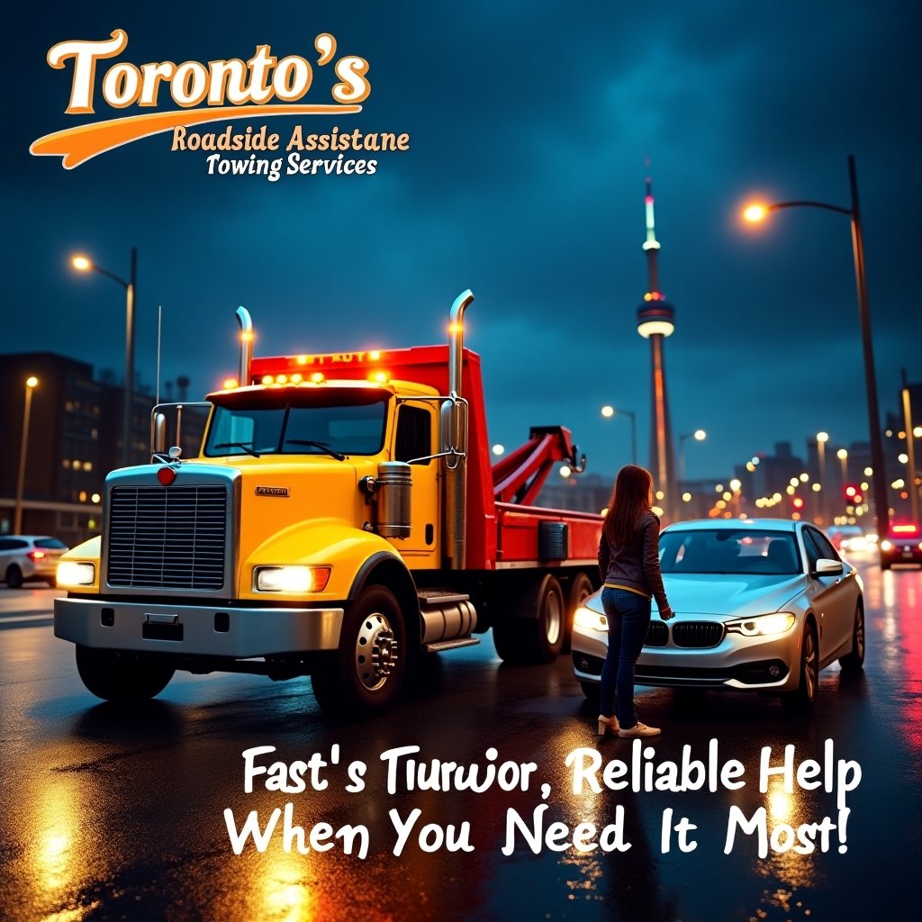 Tow truck providing fast and reliable roadside assistance in Toronto city streets.